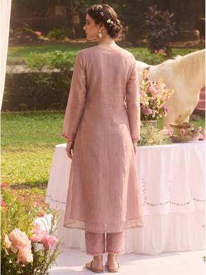 Elegant dusty pink tissue kurta pant set featuring intricate palm motifs with sequin and bead work, enhanced. 3