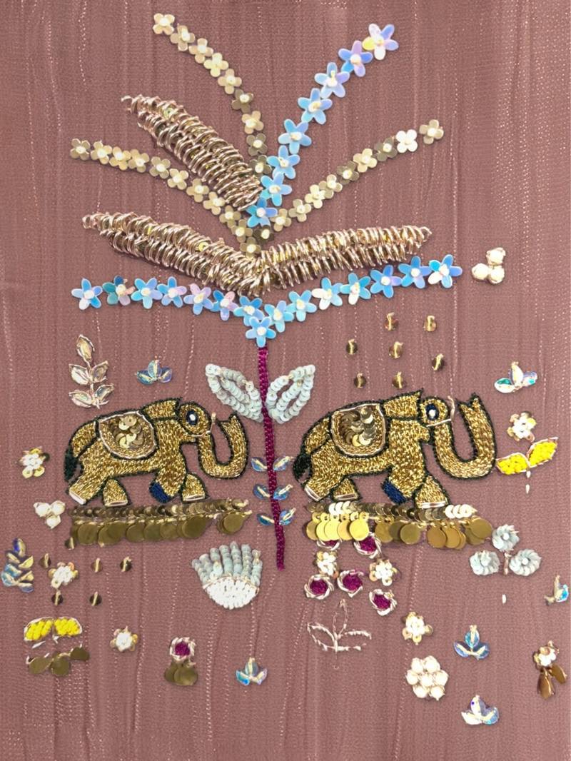 Elegant dusty pink tissue kurta pant set featuring intricate palm motifs with sequin and bead work, enhanced.