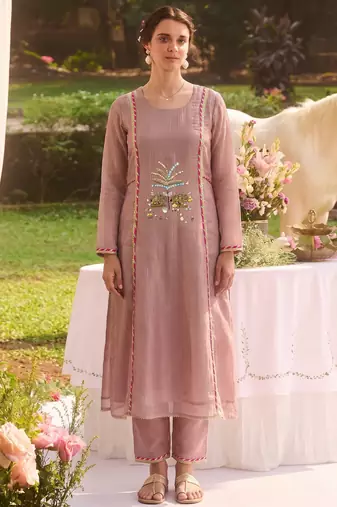 Elegant dusty pink tissue kurta pant set featuring intricate palm motifs with sequin and bead work, enhanced.