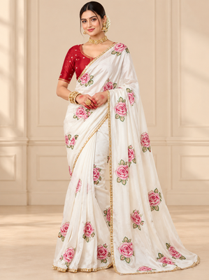 White durga pooja silk blend saree with khatli work 1