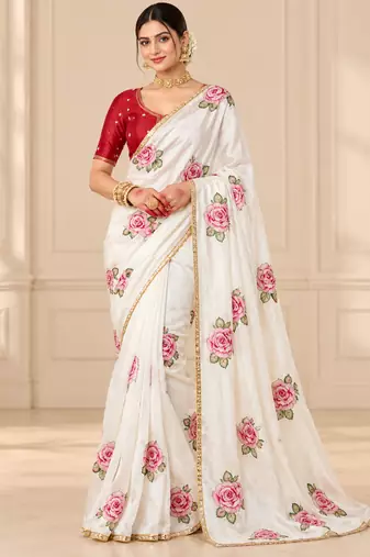 White durga pooja silk blend saree with khatli work