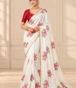 White durga pooja silk blend saree with khatli work
