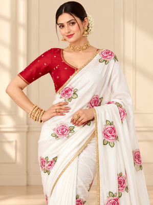White durga pooja silk blend saree with khatli work 2