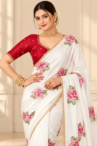 White durga pooja silk blend saree with khatli work