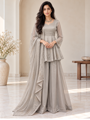 grey color foli work silk blend top bottom set 1