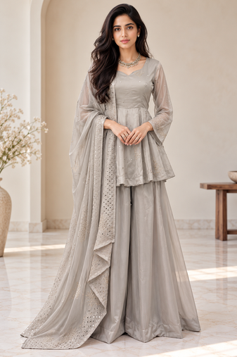 grey color foli work silk blend top bottom set