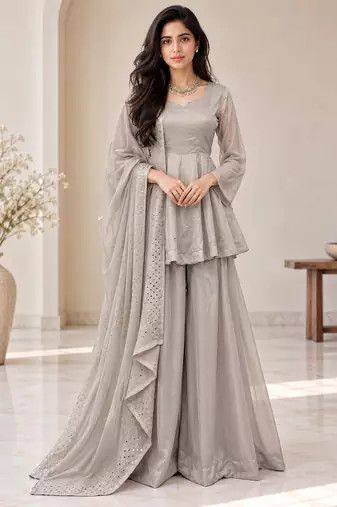 grey color foli work silk blend top bottom set