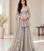 grey color foli work silk blend top bottom set