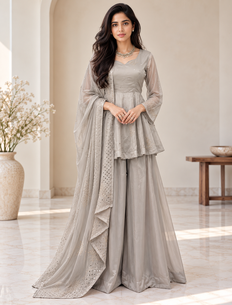 grey color foli work silk blend top bottom set