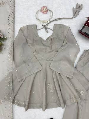 grey color foli work silk blend top bottom set 4