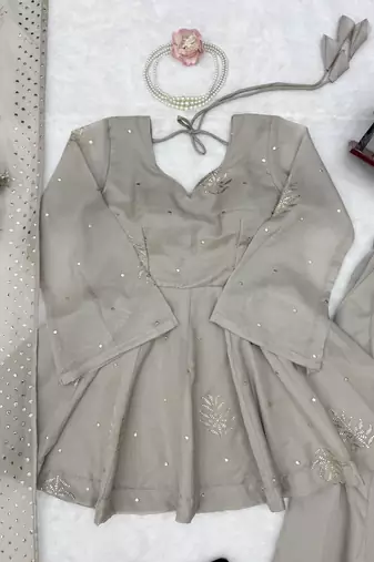grey color foli work silk blend top bottom set