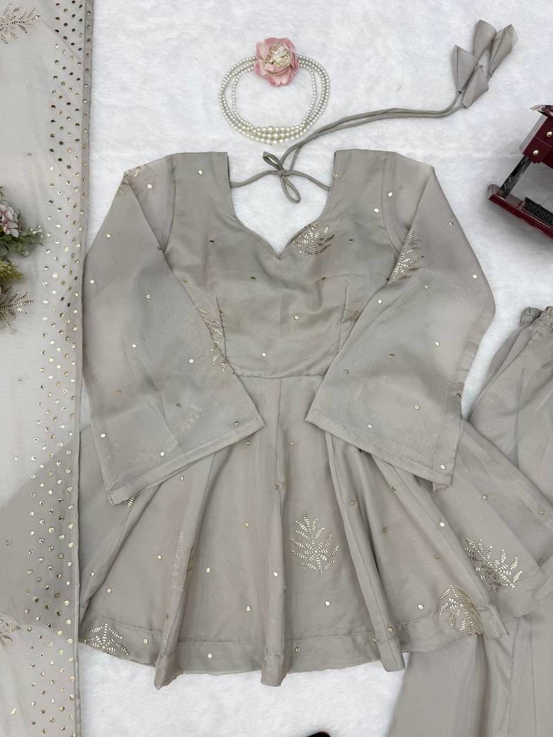 grey color foli work silk blend top bottom set