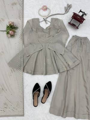 grey color foli work silk blend top bottom set 5