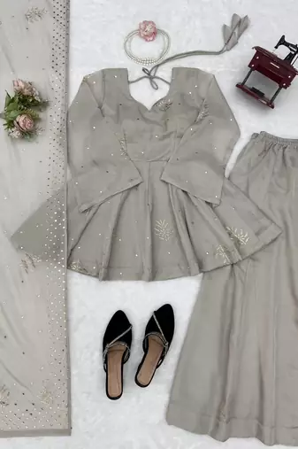 grey color foli work silk blend top bottom set