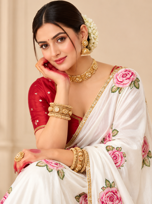 White durga pooja silk blend saree with khatli work 3