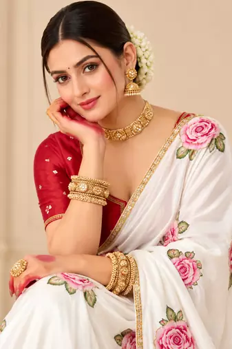 White durga pooja silk blend saree with khatli work