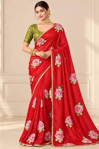 Red durga pooja silk blend saree with khatli work