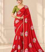 Red durga pooja silk blend saree with khatli work