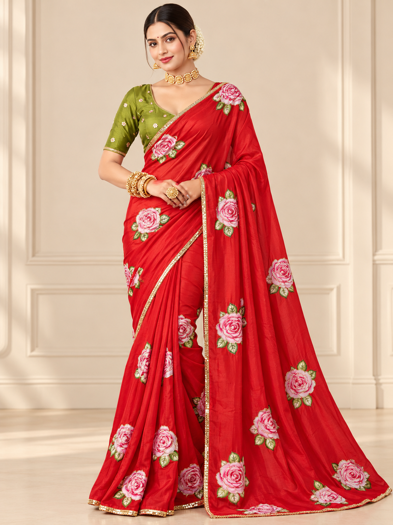 Red durga pooja silk blend saree with khatli work