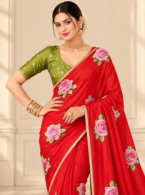 Red durga pooja silk blend saree with khatli work 2