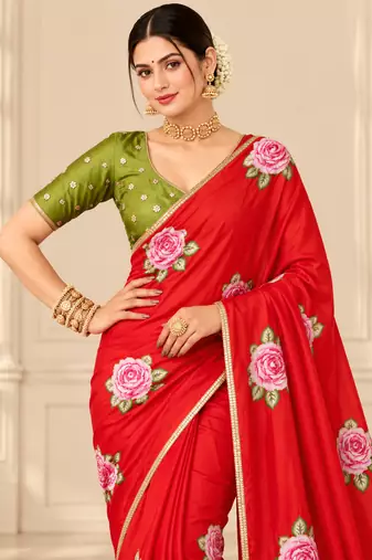 Red durga pooja silk blend saree with khatli work