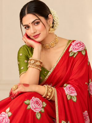 Red durga pooja silk blend saree with khatli work 3