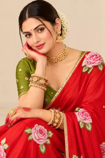 Red durga pooja silk blend saree with khatli work