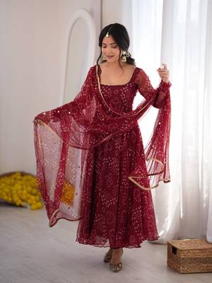 Maroon bandhani printed georgette anarkali kurta pant with dupatta set for women 1