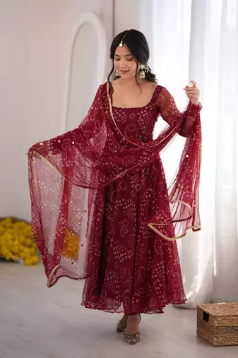 Maroon bandhani printed georgette anarkali kurta pant with dupatta set for women