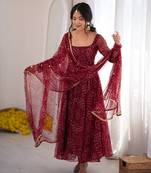 Maroon bandhani printed georgette anarkali kurta pant with dupatta set for women