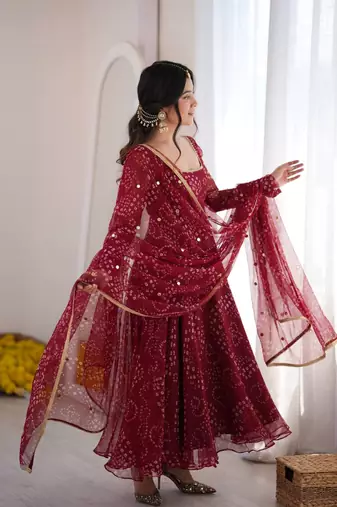 Maroon bandhani printed georgette anarkali kurta pant with dupatta set for women