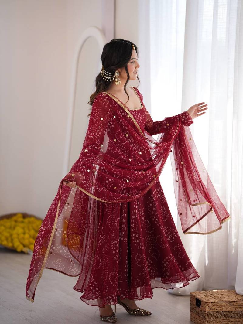 Maroon bandhani printed georgette anarkali kurta pant with dupatta set for women