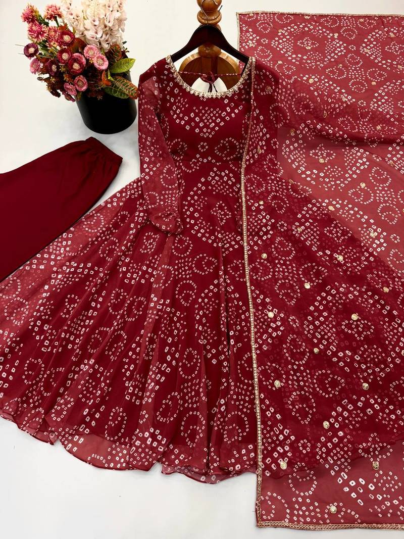 Maroon bandhani printed georgette anarkali kurta pant with dupatta set for women