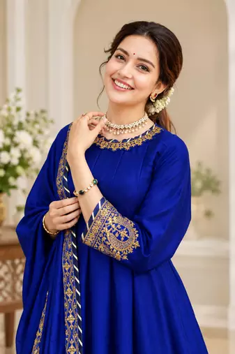royal blue color thread,sequence and gota lace work silk blend anarkali set