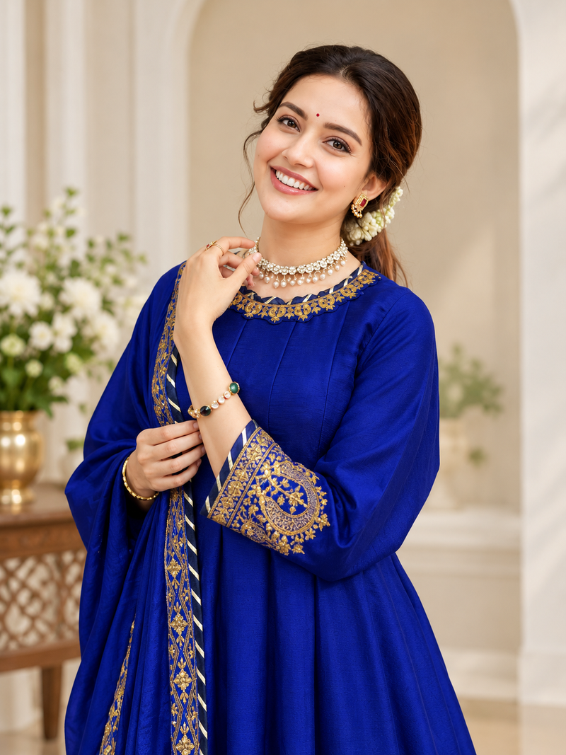 royal blue color thread,sequence and gota lace work silk blend anarkali set