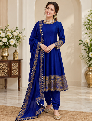royal blue color thread,sequence and gota lace work silk blend anarkali set 1