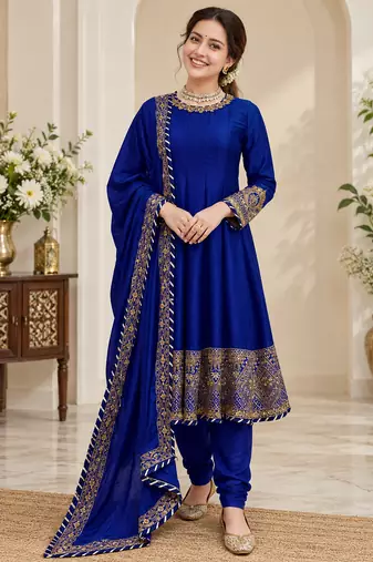 royal blue color thread,sequence and gota lace work silk blend anarkali set