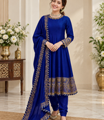 royal blue color thread,sequence and gota lace work silk blend anarkali set
