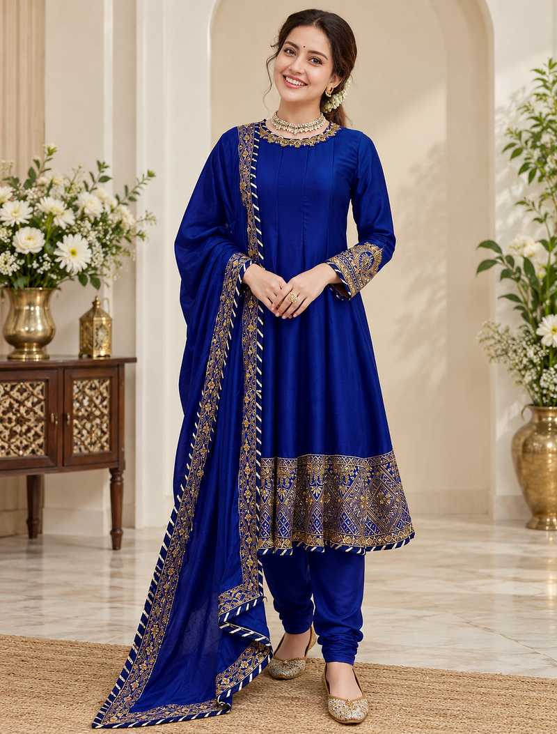 royal blue color thread,sequence and gota lace work silk blend anarkali set