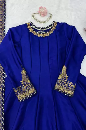 royal blue color thread,sequence and gota lace work silk blend anarkali set