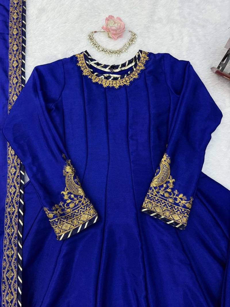 royal blue color thread,sequence and gota lace work silk blend anarkali set