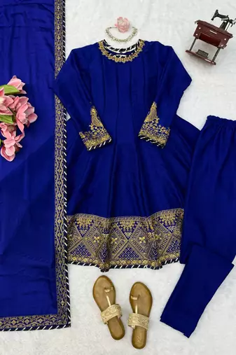 royal blue color thread,sequence and gota lace work silk blend anarkali set