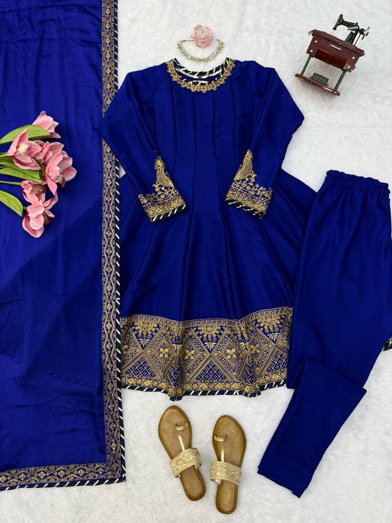 royal blue color thread,sequence and gota lace work silk blend anarkali set