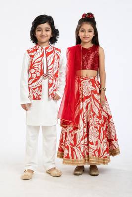 Green sequinned & embroidered linen lehenga choli & kurta pant brother sister matching combo 1