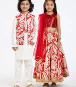 Green sequinned & embroidered linen lehenga choli & kurta pant brother sister matching combo