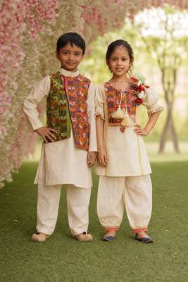 White solid cotton salwar suit & kurta jacket brother sister matching combo 1