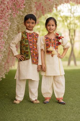 White solid cotton salwar suit & kurta jacket brother sister matching combo
