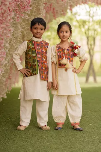 White solid cotton salwar suit & kurta jacket brother sister matching combo