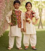 White solid cotton salwar suit & kurta jacket brother sister matching combo