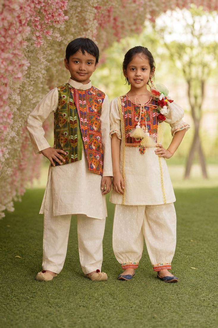 White solid cotton salwar suit & kurta jacket brother sister matching combo